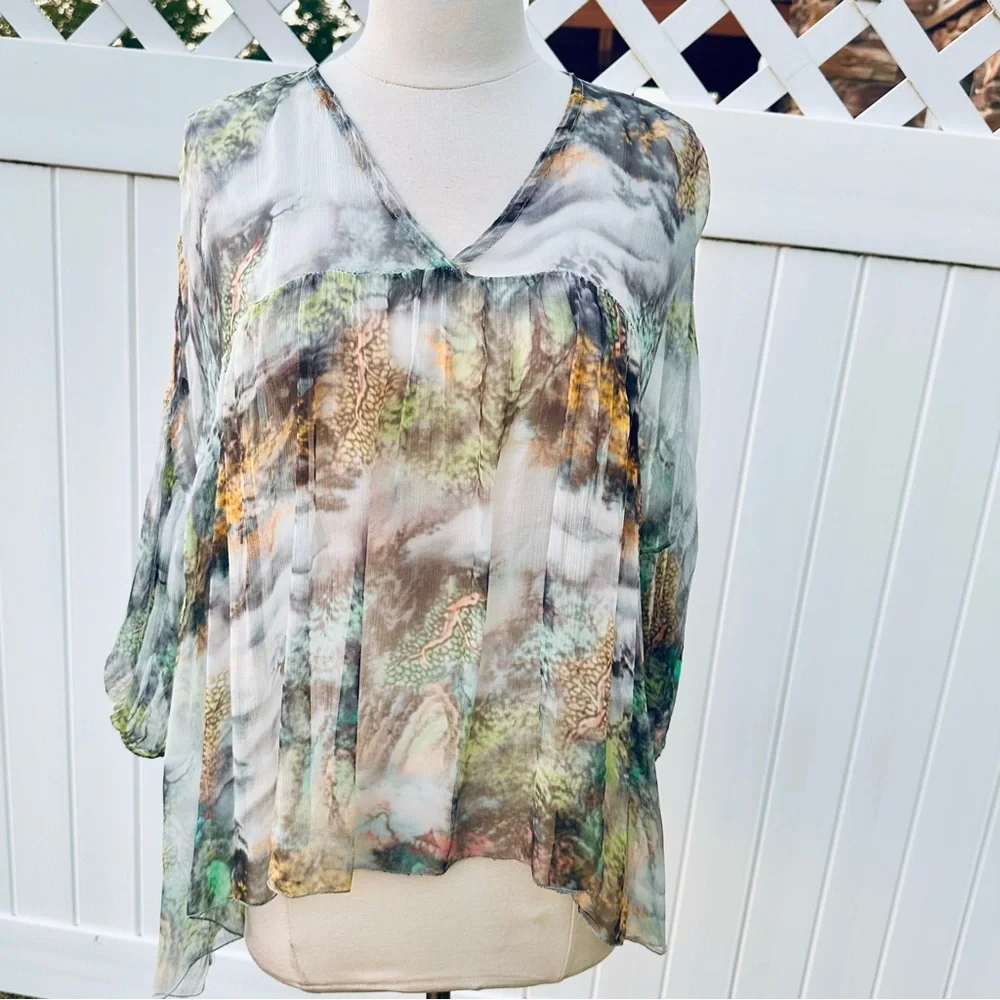 Tempo Paris Sheer Landscape Print Blouse Medium V-Neck High-Low Boho Top - Picture 4 of 10